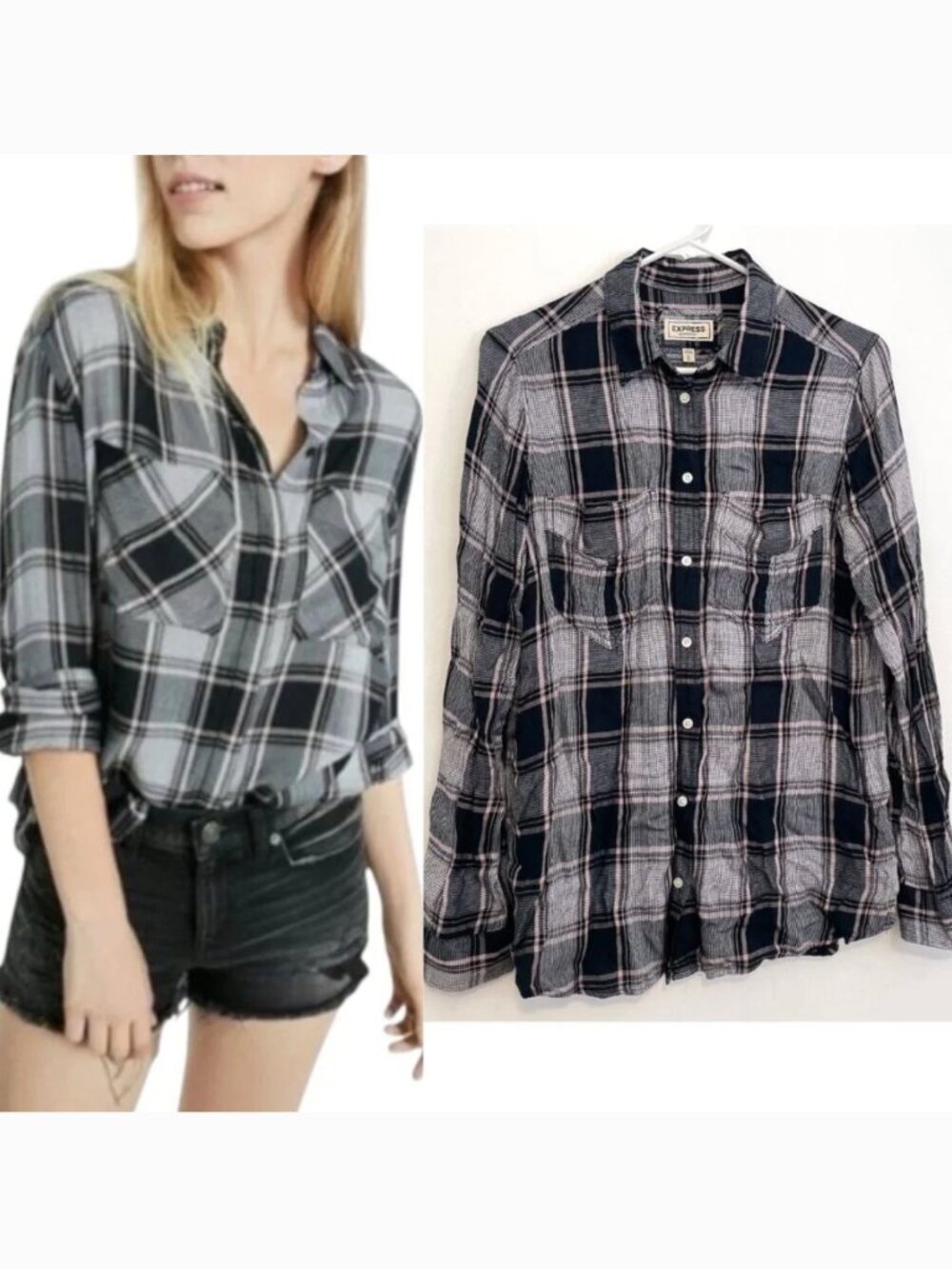 EXPRESS Patch Pocket Plaid Boyfriend Shirt Black White Flannel Button Down Tunic